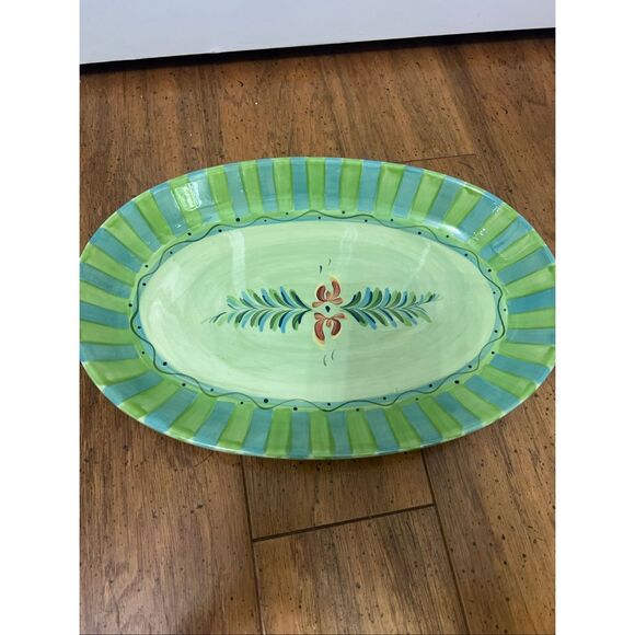 Gail Pittman Provence 14" Oval Serving Platter Flowers Green Bands Hand Painted - Picture 1 of 9